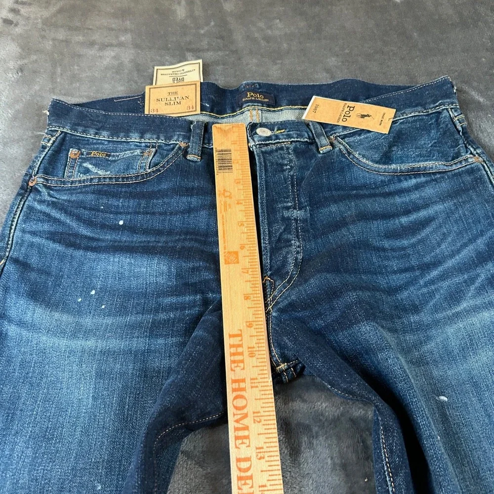 Polo Ralph Lauren Sullivan Slim Jeans Mens 34x34 Blue Distressed Paint Splatter